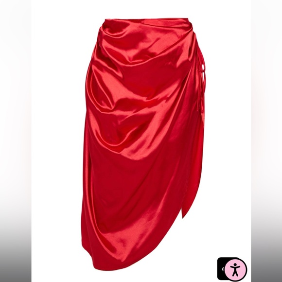 Red Ruched Tie Side Satin Midi Skirt - Super Sexy Slit - Pretty Little Thing sz2 - Picture 3 of 9